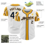 Custom White Navy-Gold 3 Colors Arm Shapes Authentic Baseball Jersey - Image 4