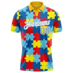 Custom Light Blue White 3D Pattern Design Autism Awareness Puzzle Pieces Performance Golf Polo Shirt - Image 2