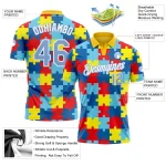 Custom Light Blue White 3D Pattern Design Autism Awareness Puzzle Pieces Performance Golf Polo Shirt - Image 3
