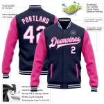 Custom Navy White-Pink Bomber Full-Snap Varsity Letterman Two Tone Jacket - Image 5
