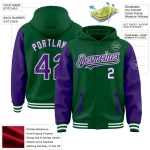 Custom Kelly Green Purple-White Bomber Full-Snap Varsity Letterman Two Tone Hoodie Jacket - Image 3