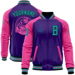 Custom Purple Aqua Black-Pink Bomber Varsity Letterman Two Tone Zipper Jacket