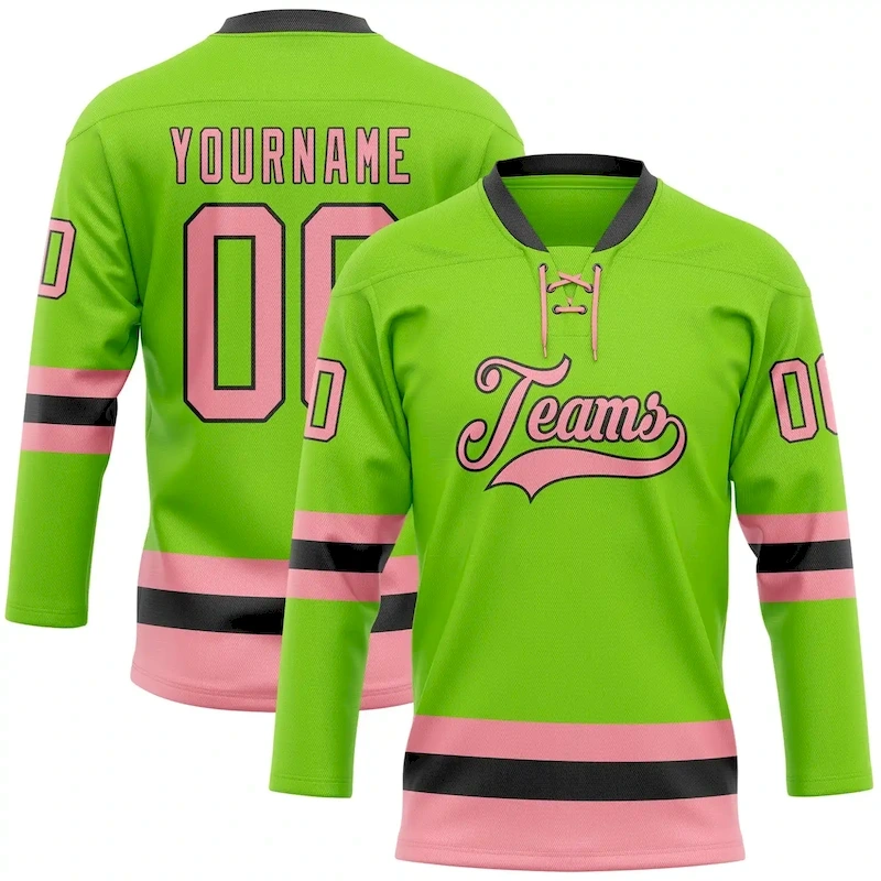 NeonGreen0261.webp Custom Neon Green Medium Pink-Black Hockey Lace Neck Jersey - Image 1