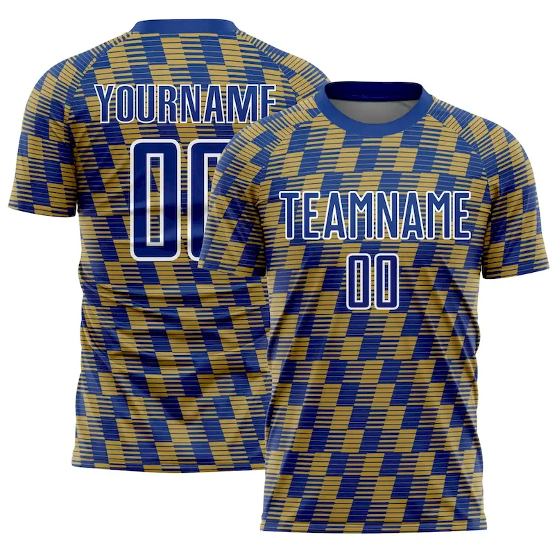 Soccer2387.webp Custom Royal Old Gold-White Line Sublimation Soccer Uniform Jersey - Image 1