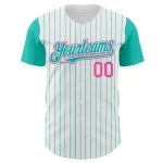 Custom White Aqua Pinstripe Pink Authentic Two Tone Baseball Jersey - Image 2